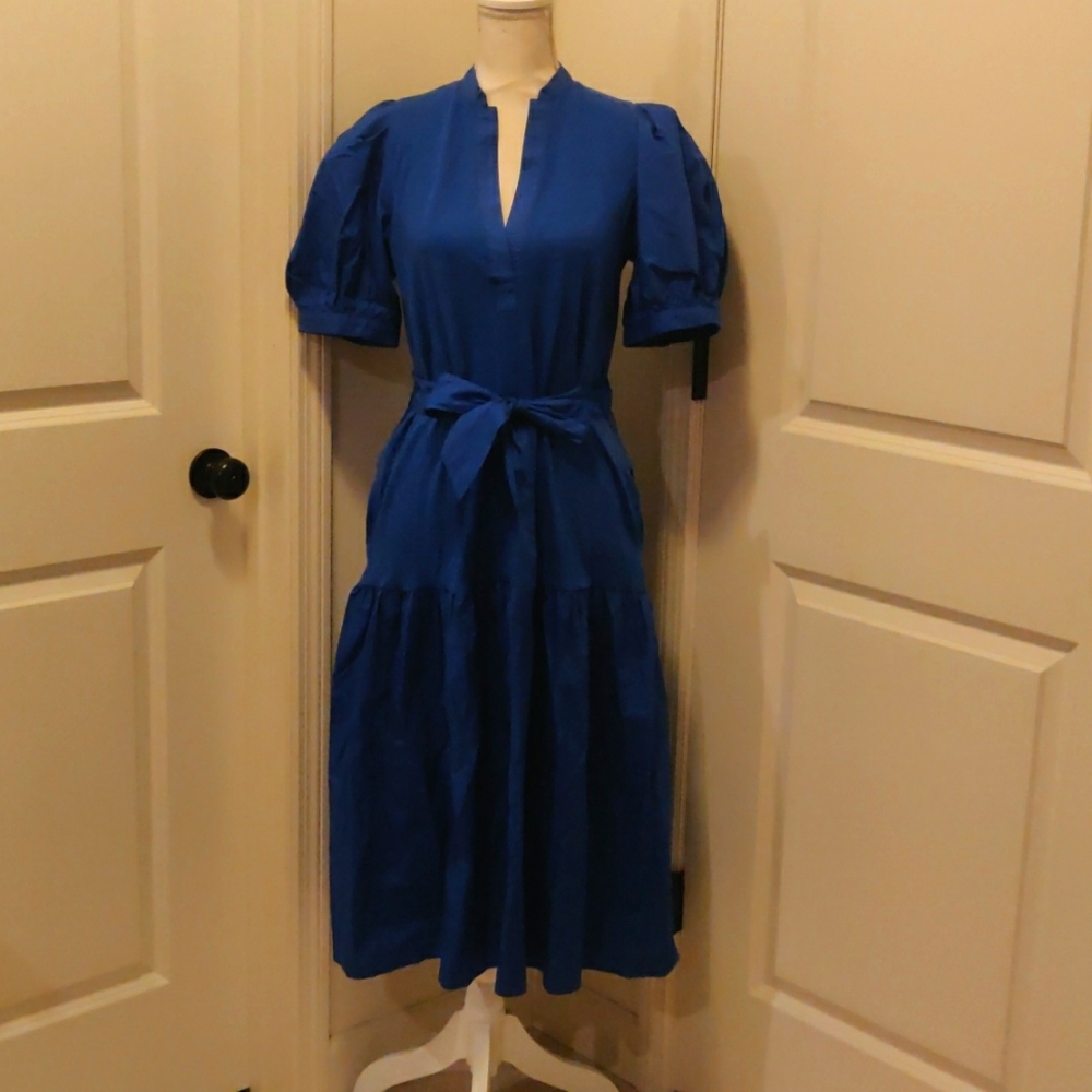 New!Who What Wear Fit & Flare Midi Dress Puff Sleeve Royal Blue Y2K Cottagecore